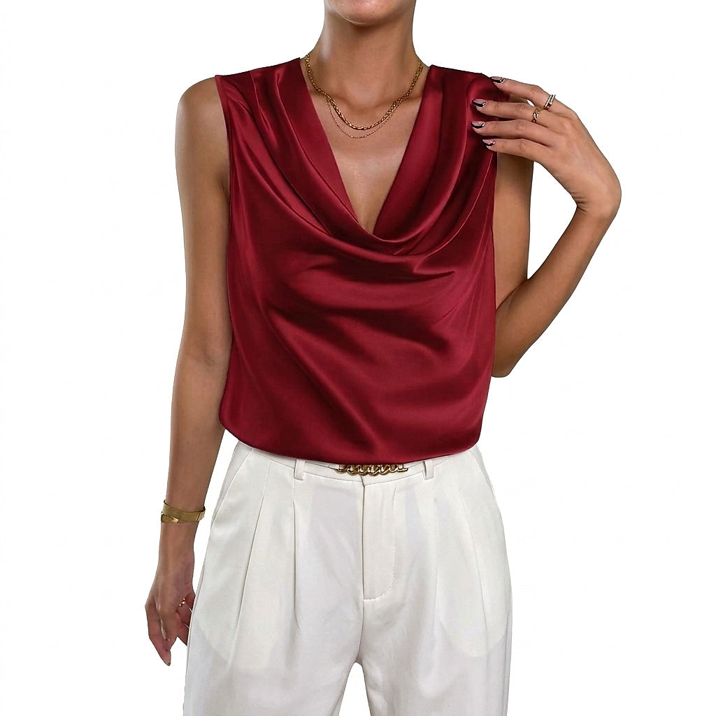 Women's Sleeveless Cowl Neck Top | Satin-Finish Drape with Wide Straps, Pull-On | Sizes S to 2XL, 4 Colors