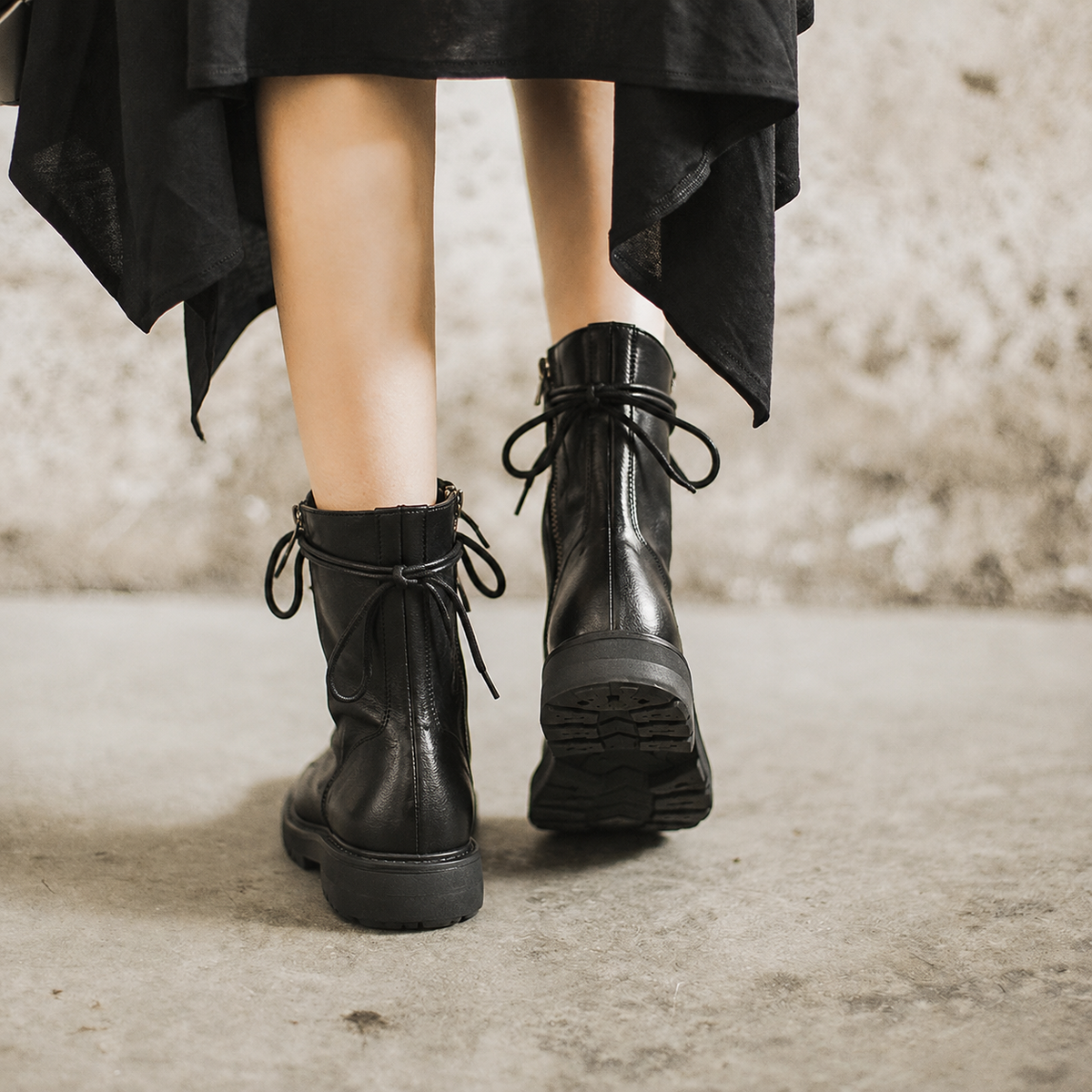 Women's Black Combat Boots with Metal Eyelet Lacing | Side Zip Entry, Round Toe, Treaded Rubber Sole | Sizes 5.5-10