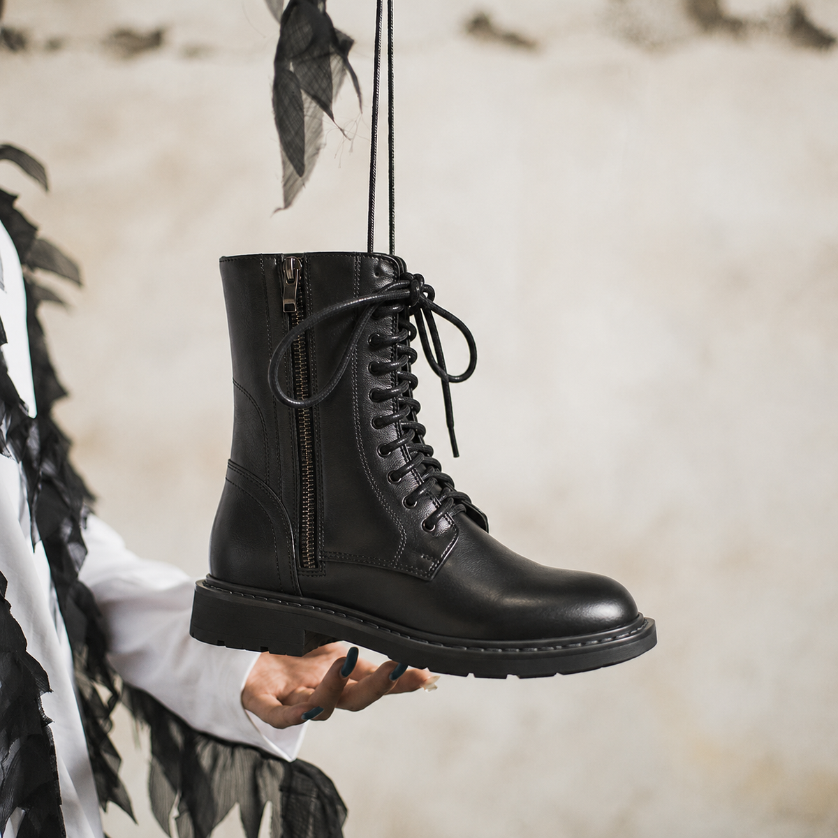 Women's Black Combat Boots with Metal Eyelet Lacing | Side Zip Entry, Round Toe, Treaded Rubber Sole | Sizes 5.5-10
