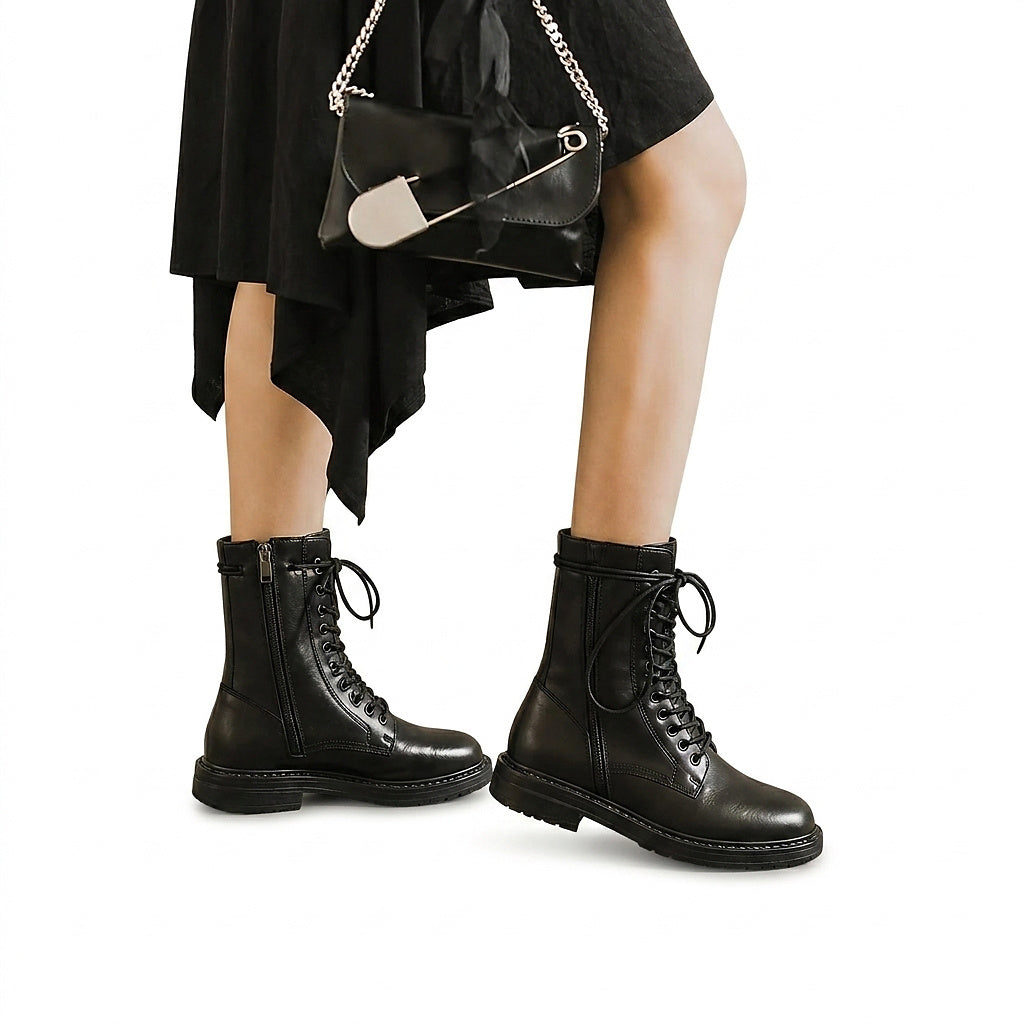 Women's Black Combat Boots with Metal Eyelet Lacing | Side Zip Entry, Round Toe, Treaded Rubber Sole | Sizes 5.5-10