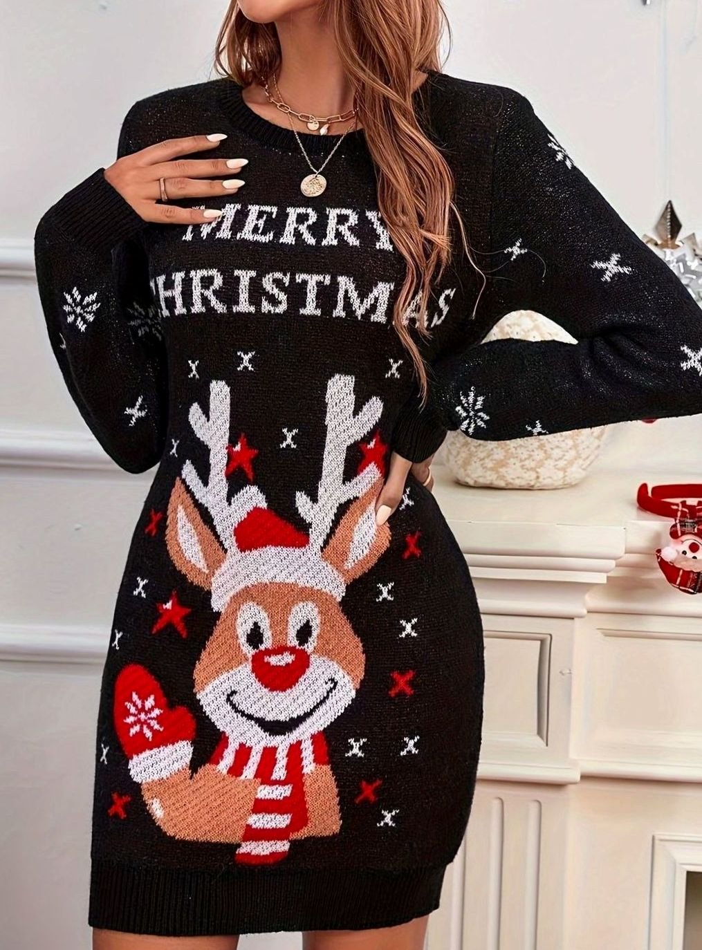 Women's Christmas Sweater Dress with Reindeer and Snowflake Motif | Bodycon Knit, Round Neck | Sizes XS-XL in Black