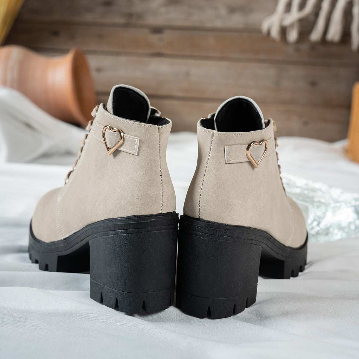 Women's Lace-Up Ankle Boots | Block Heel with Lugged Sole, Gold Buckle | US 5.5 to 12 | Black and Beige Colorways