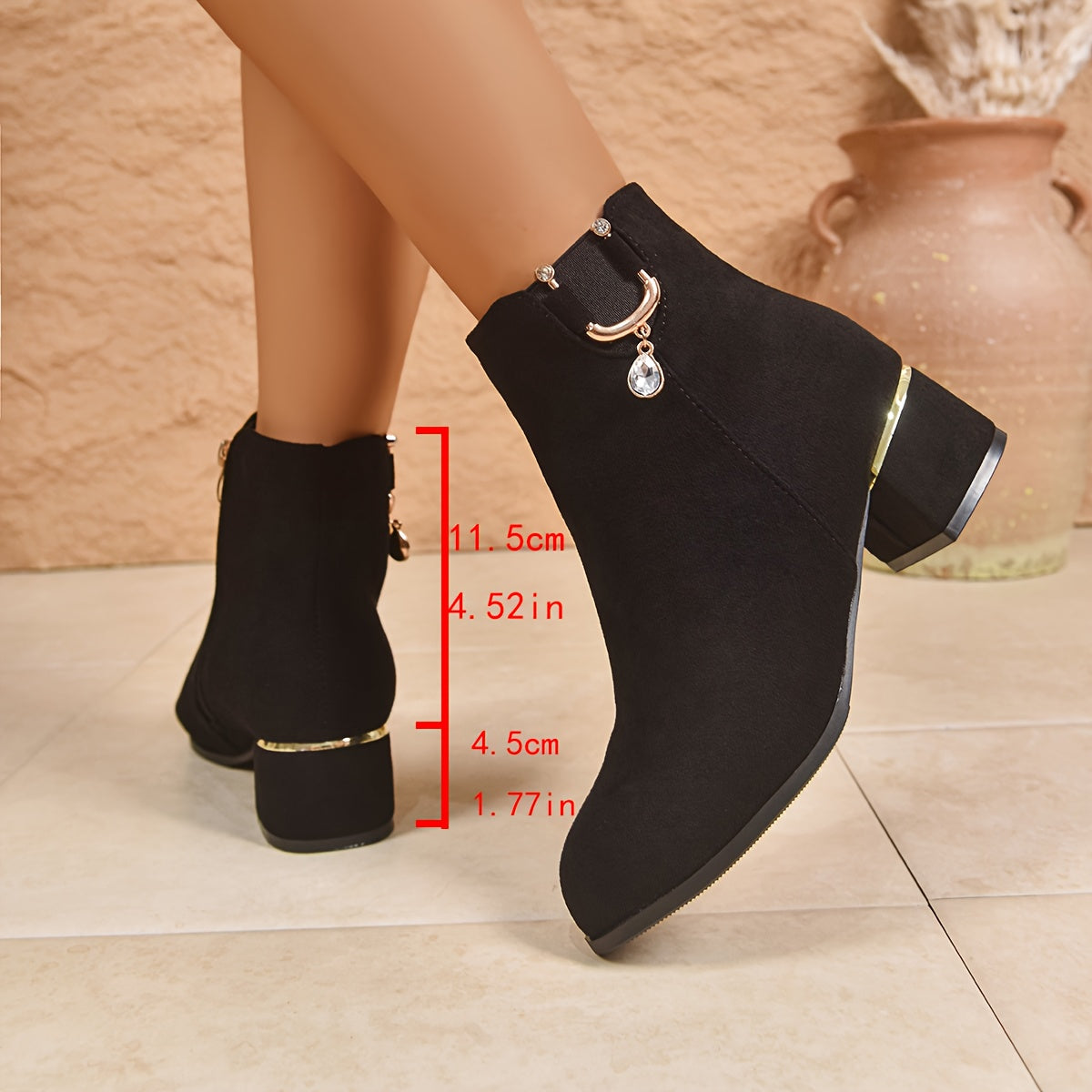 Women's Ankle Boots with Low Square Heel | Round Toe Booties, Side Zip and Gold Details | Size 5.5-10.5, 2 Colors