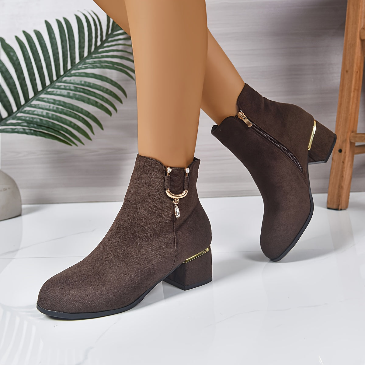 Women's Ankle Boots with Low Square Heel | Round Toe Booties, Side Zip and Gold Details | Size 5.5-10.5, 2 Colors