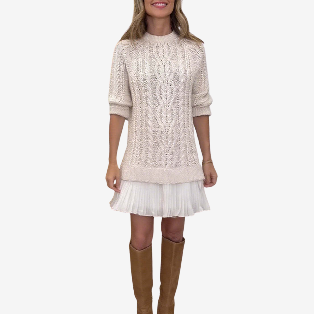 Women's Cable Knit Sweater Dress in a Mini Length | Pleated Hem and Straight Cut | Size XS-3XL, 5 Colors