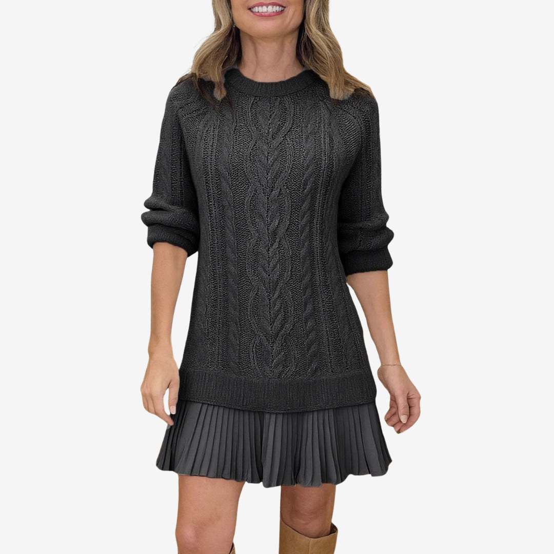 Women's Cable Knit Sweater Dress in a Mini Length | Pleated Hem and Straight Cut | Size XS-3XL, 5 Colors