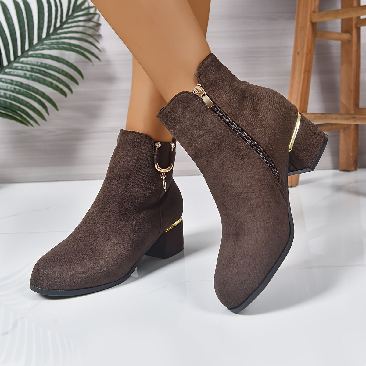 Women's Chelsea Ankle Boots | Block Heel Side Zip with Gold Hardware | US 5.5 to 12 | Black and Coffee Brown Colorways
