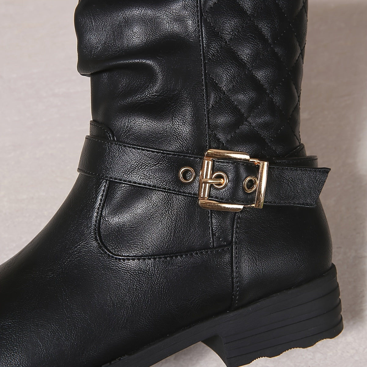 Women's Ruched Mid-Calf Buckle Boots | Low Block Heel, Side Zip Entry, Gold-Tone Buckle Strap | US 5.5-12 | Black