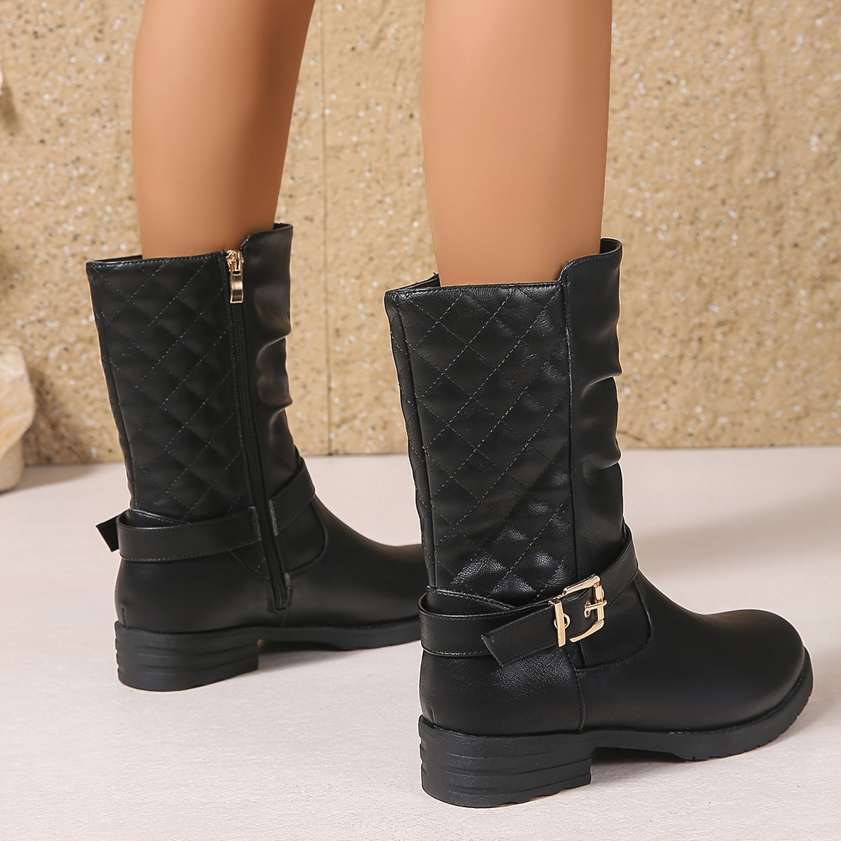 Women's Ruched Mid-Calf Buckle Boots | Low Block Heel, Side Zip Entry, Gold-Tone Buckle Strap | US 5.5-12 | Black