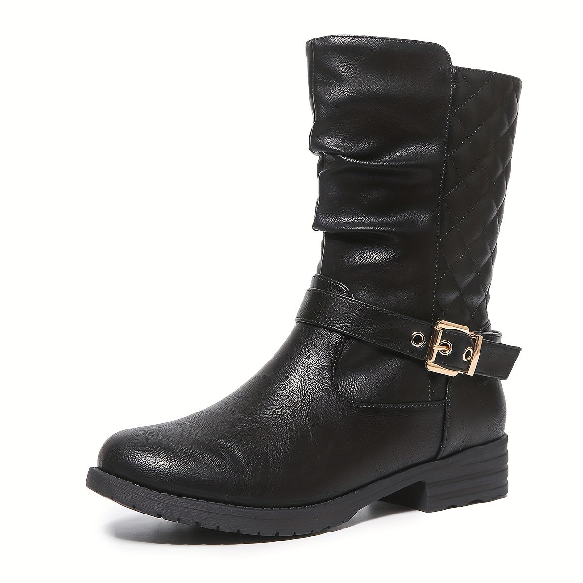 Women's Ruched Mid-Calf Buckle Boots | Low Block Heel, Side Zip Entry, Gold-Tone Buckle Strap | US 5.5-12 | Black