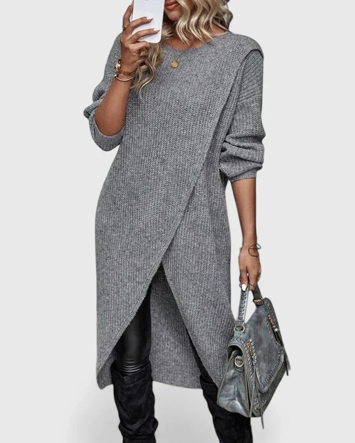 Women's Knit Sweater Dress with Wrap Hem | Asymmetric Crossover Front, Long Sleeves | Sizes S-3XL | Gray, Green, Black
