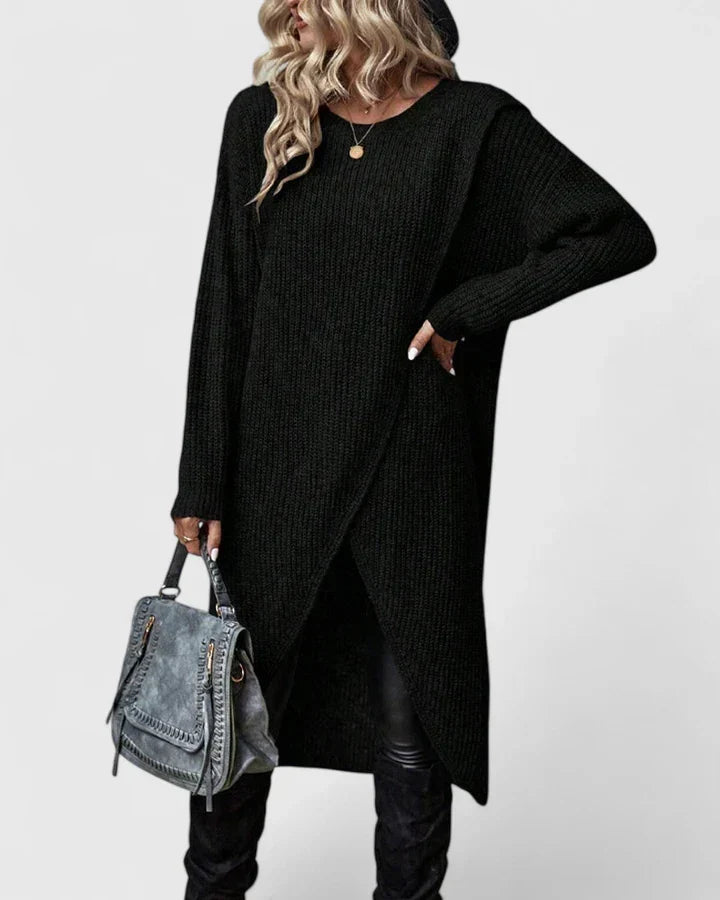 Women's Knit Sweater Dress with Wrap Hem | Asymmetric Crossover Front, Long Sleeves | Sizes S-3XL | Gray, Green, Black