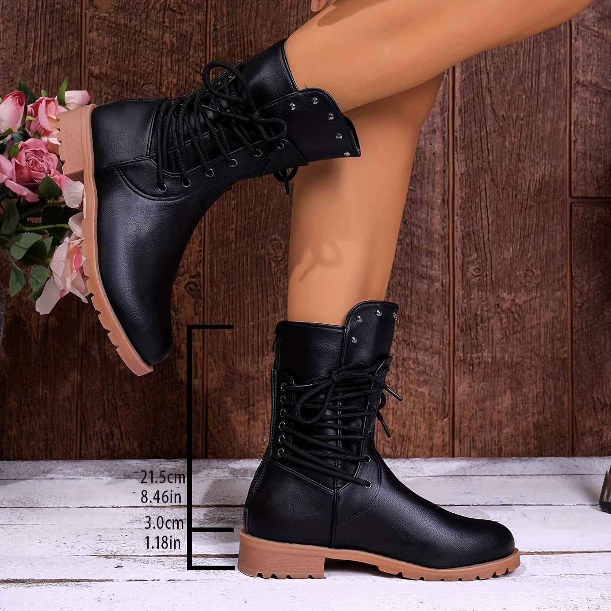 Women's Lace Up Combat Boots with Studded Collar | Cushioned Lug Sole, Mid Calf Height | Size 5.5-10.5, 3 Colors