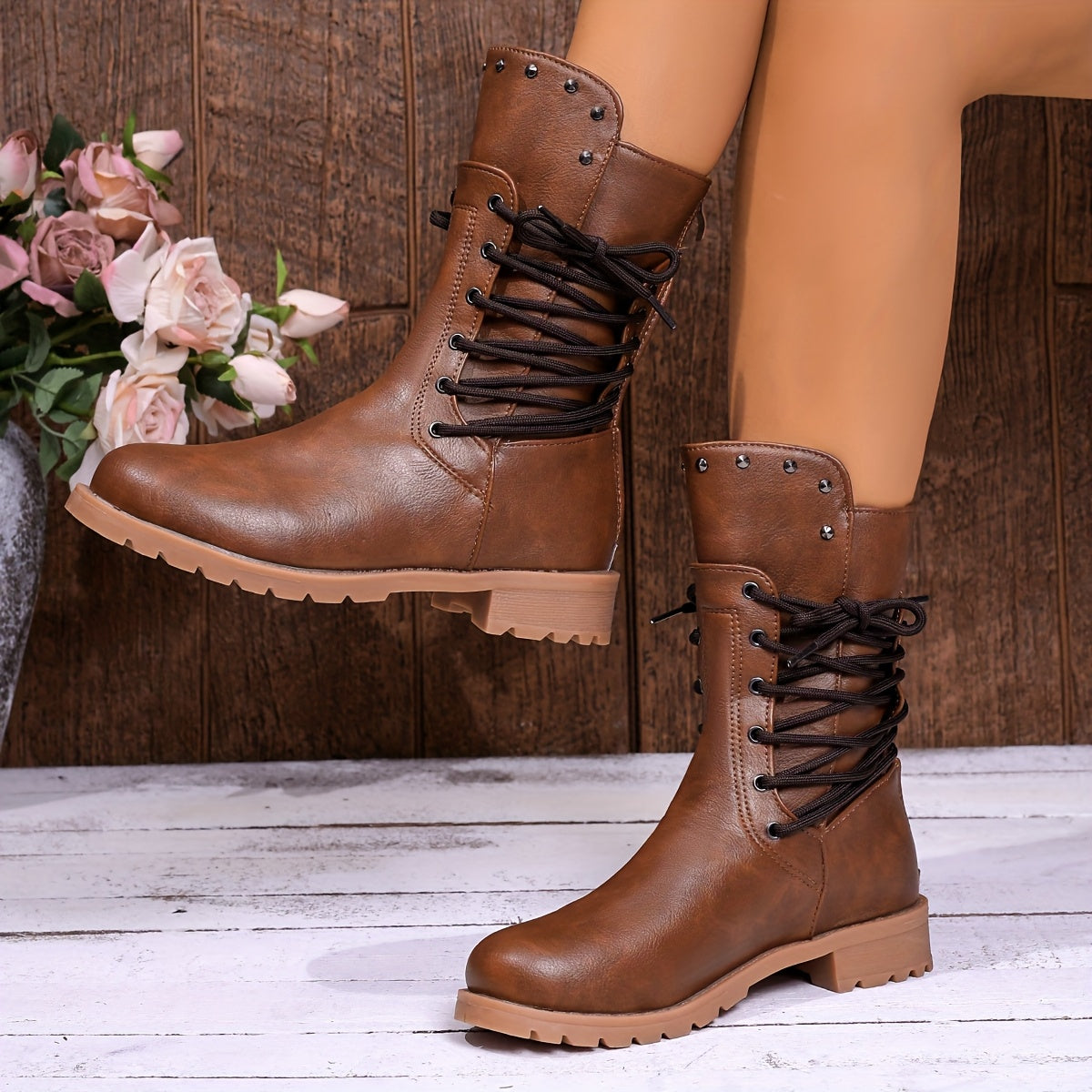 Women's Lace Up Combat Boots with Studded Collar | Cushioned Lug Sole, Mid Calf Height | Size 5.5-10.5, 3 Colors