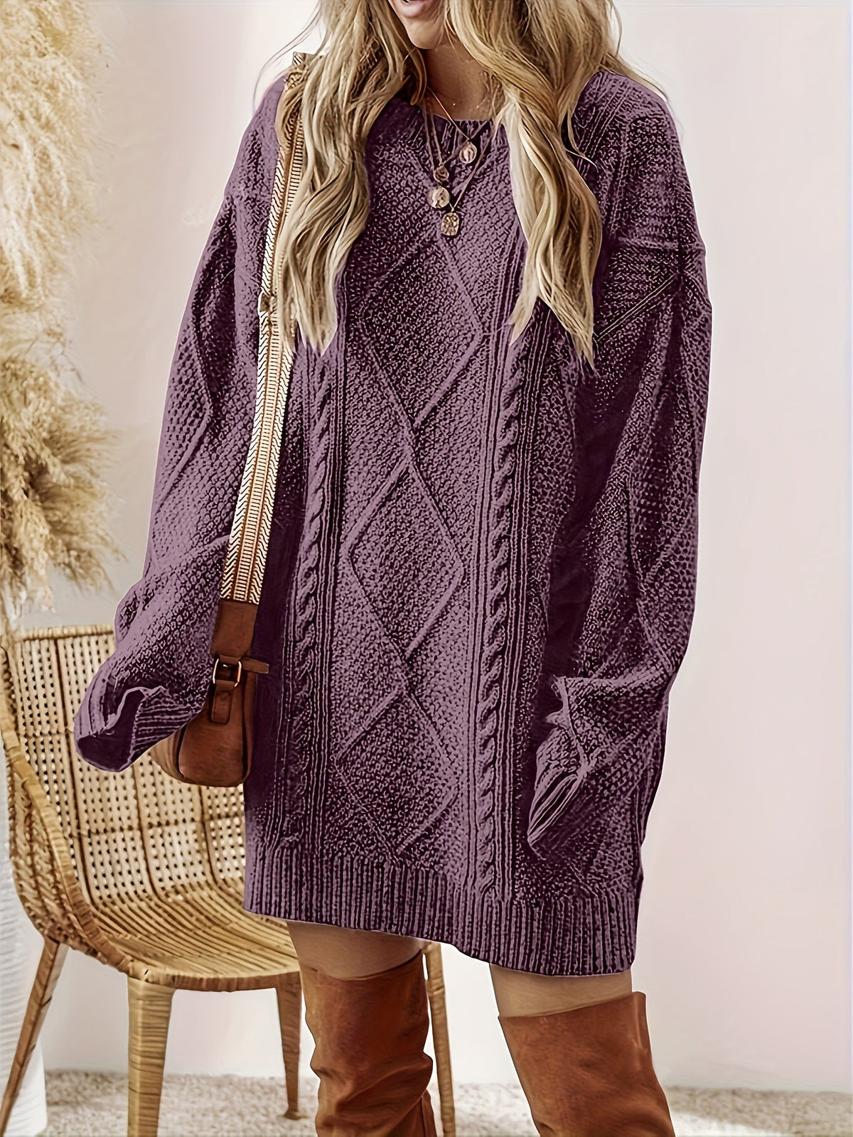 Women's Cable Knit Sweater Dress with Diamond Texture | Round Neck, Patch Pockets | Sizes S-2XL, 2 Colors