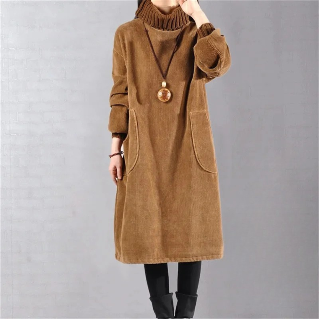Women's Knit Turtleneck Sweater Dress | Midi Length with Deep Front Pockets | Sizes L to 4XL | 3 Warm Colorways