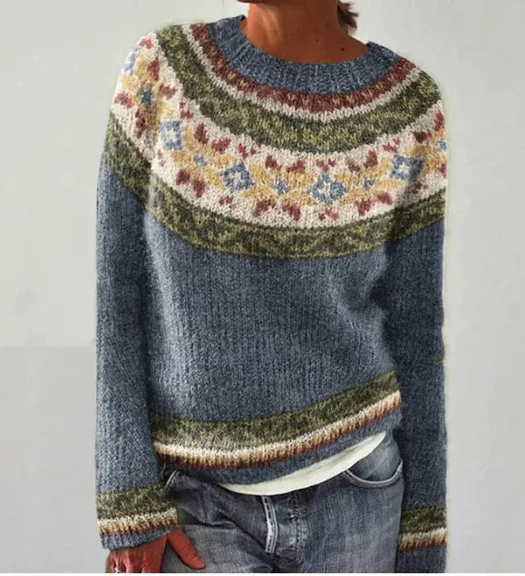 Women's Fair Isle Colorblock Knit Sweater | Patterned Crew Neck Pullover | Sizes S to 5XL | 8 Colorways to Choose From