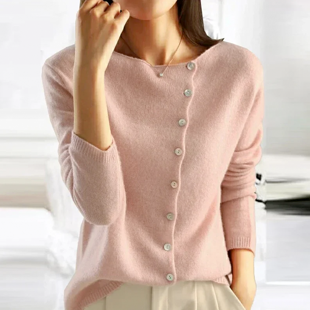 Women's Button-Front Cardigan Sweater | Asymmetric Neckline, Pearl-Tone Buttons, Hip Length | Sizes S-XL | 4 Colors