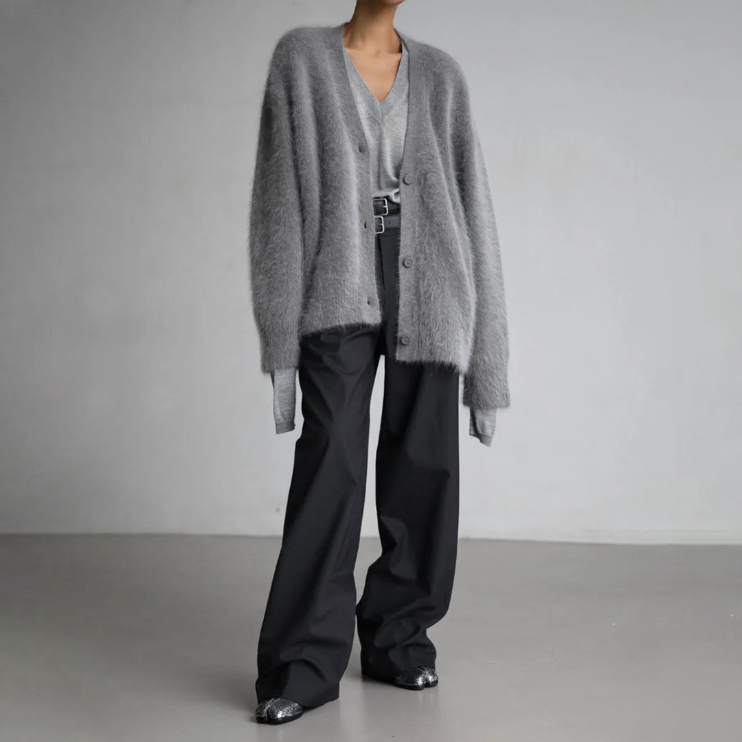 Women's Oversized Fuzzy Button-Front Cardigan | Deep V-Neck, Plush Knit Texture, Roomy Layering Fit | 4 Colors
