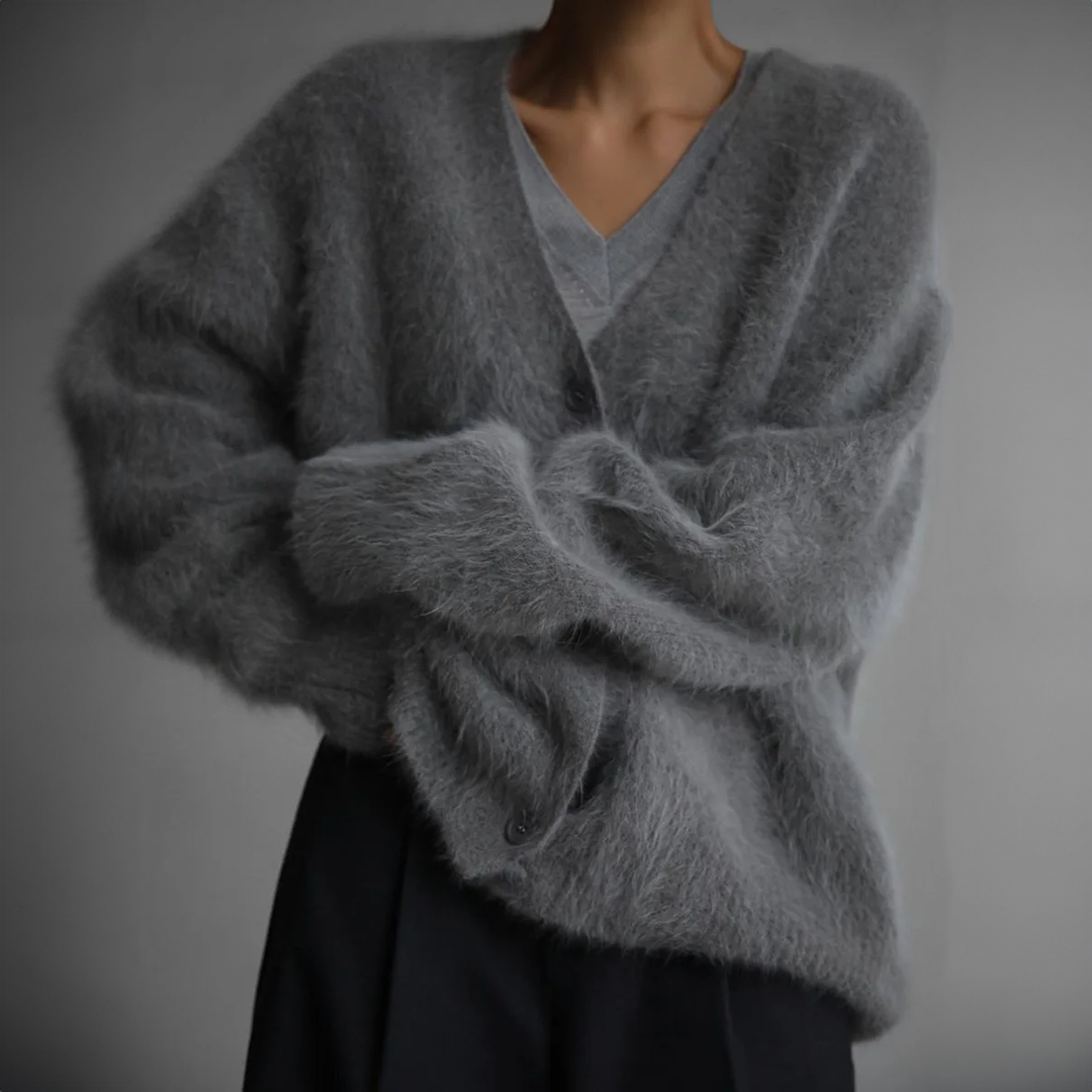 Women's Oversized Fuzzy Button-Front Cardigan | Deep V-Neck, Plush Knit Texture, Roomy Layering Fit | 4 Colors