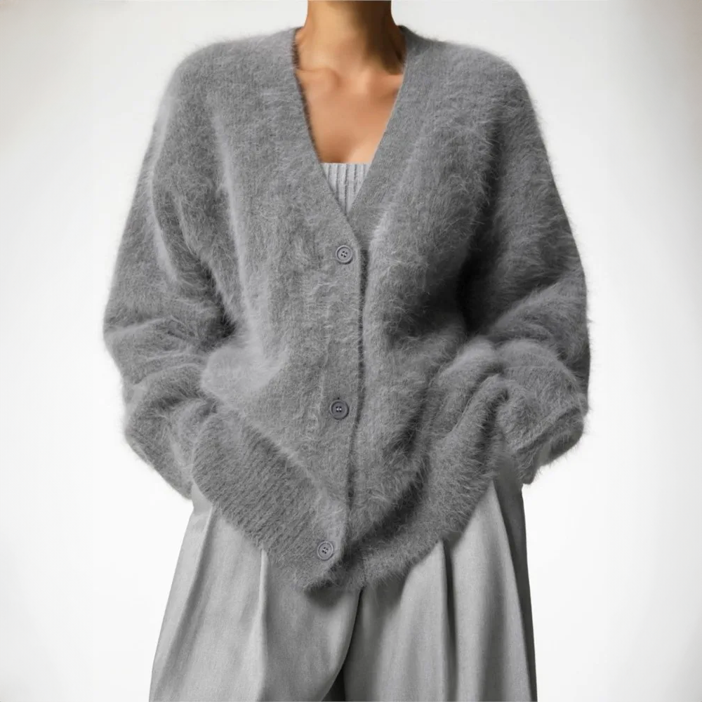 Women's Oversized Fuzzy Button-Front Cardigan | Deep V-Neck, Plush Knit Texture, Roomy Layering Fit | 4 Colors