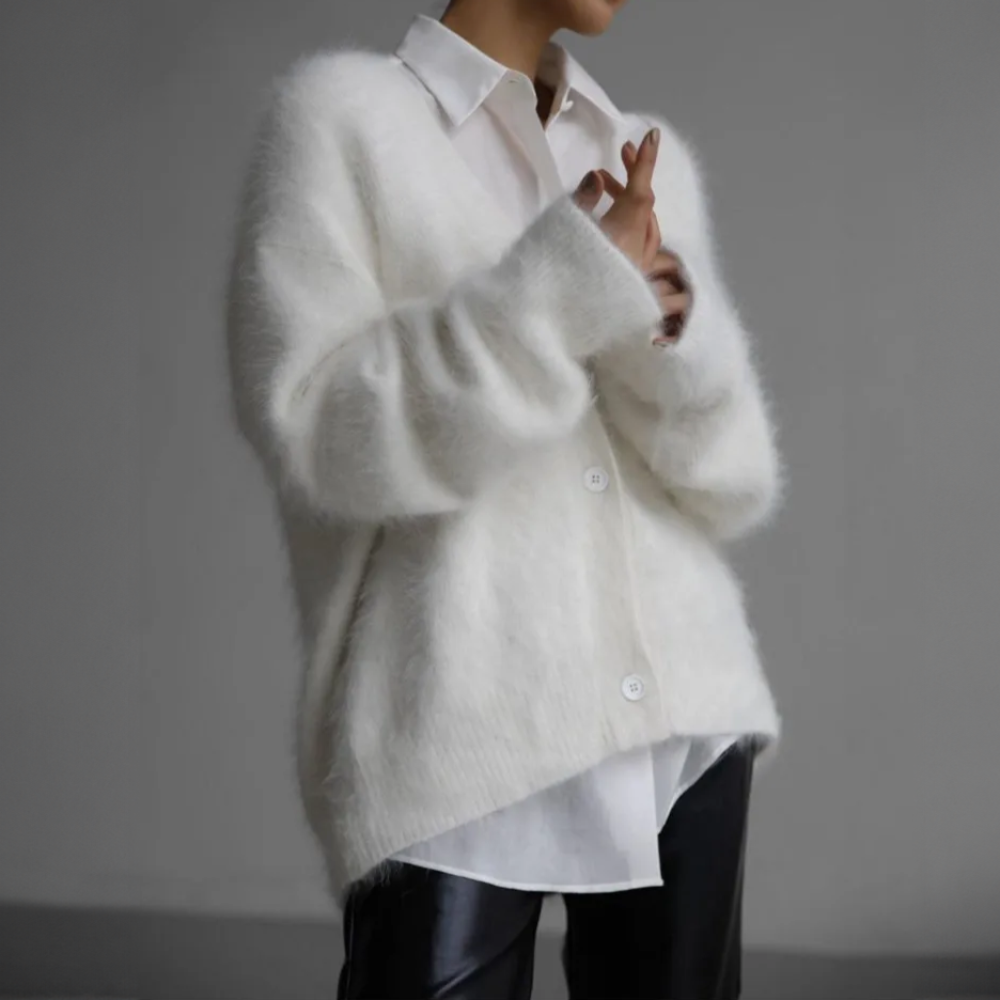 Women's Oversized Fuzzy Button-Front Cardigan | Deep V-Neck, Plush Knit Texture, Roomy Layering Fit | 4 Colors