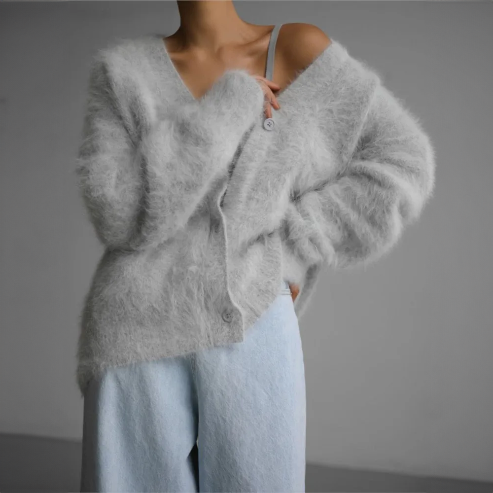 Women's Oversized Fuzzy Button-Front Cardigan | Deep V-Neck, Plush Knit Texture, Roomy Layering Fit | 4 Colors