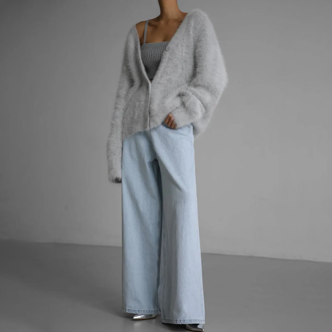 Women's Oversized Fuzzy Button-Front Cardigan | Deep V-Neck, Plush Knit Texture, Roomy Layering Fit | 4 Colors