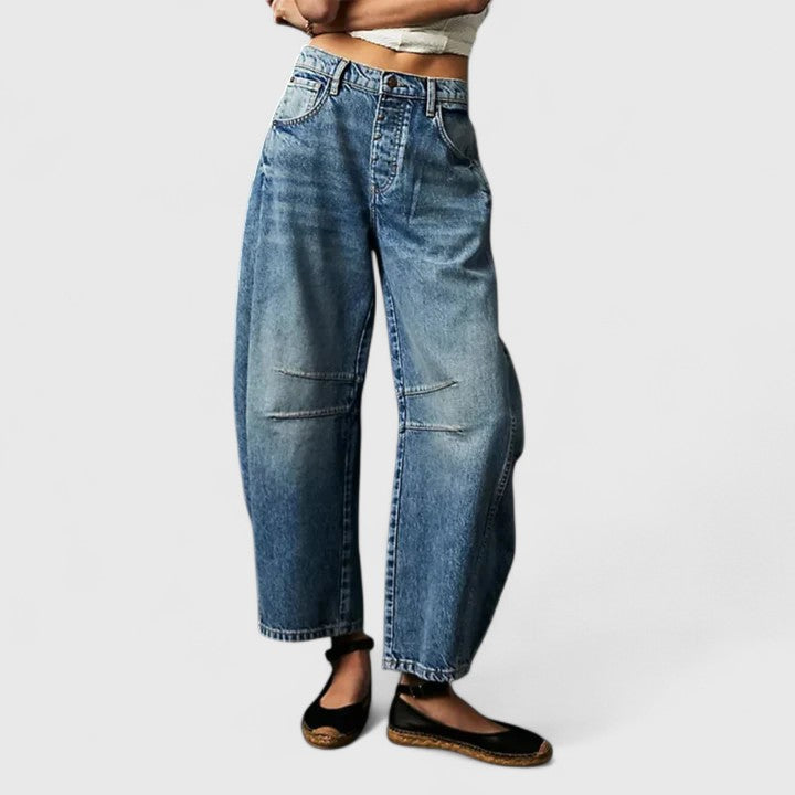 Women's High Waist Barrel Leg Jeans | Curved Leg Denim, Knee Dart Detail | Sizes S to XL | 6 Washes Including Black and Beige