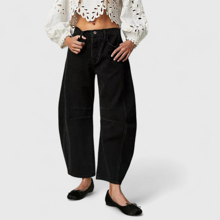 Women's High Waist Barrel Leg Jeans | Curved Leg Denim, Knee Dart Detail | Sizes S to XL | 6 Washes Including Black and Beige