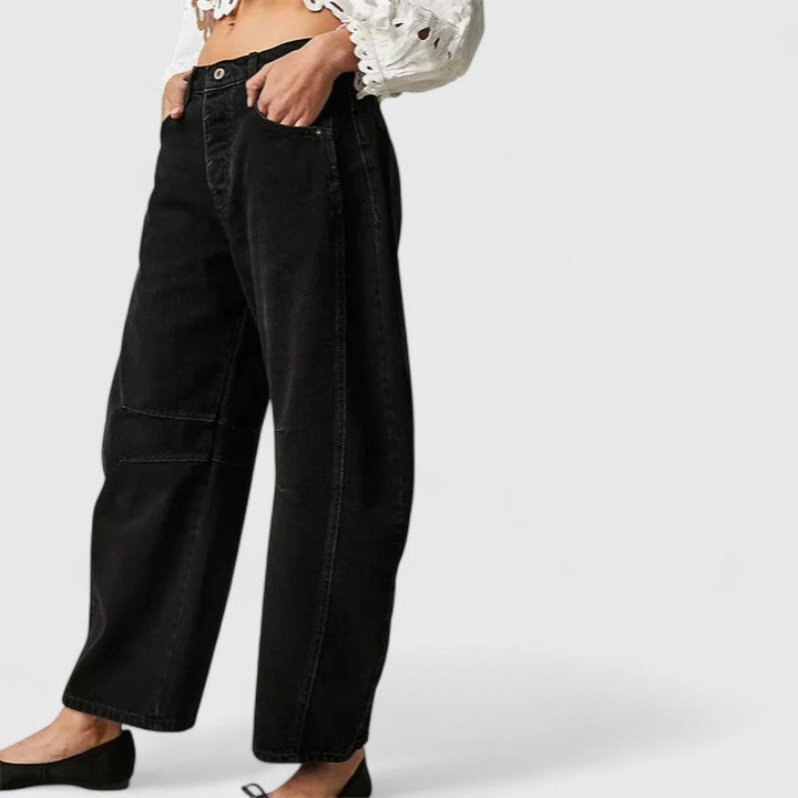 Women's High Waist Barrel Leg Jeans | Curved Leg Denim, Knee Dart Detail | Sizes S to XL | 6 Washes Including Black and Beige