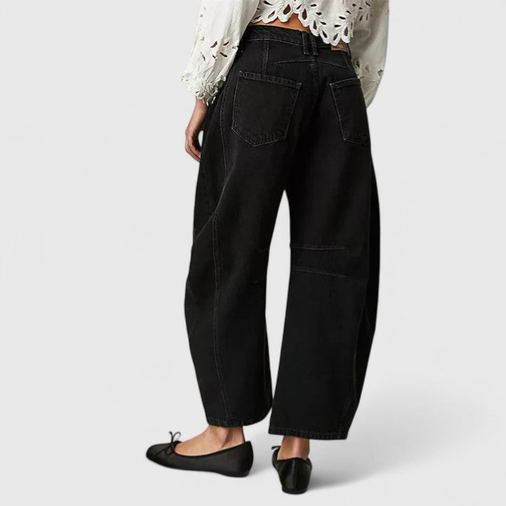 Women's High Waist Barrel Leg Jeans | Curved Leg Denim, Knee Dart Detail | Sizes S to XL | 6 Washes Including Black and Beige