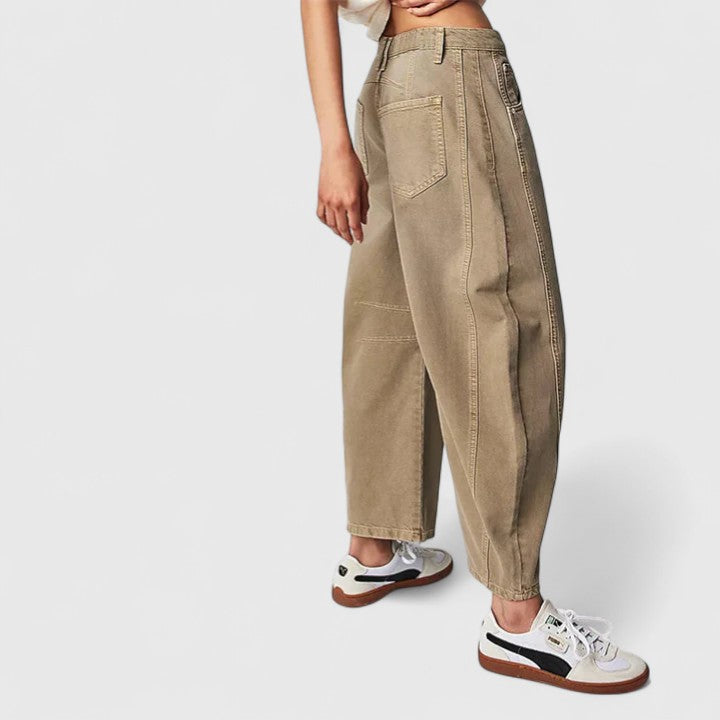 Women's High Waist Barrel Leg Jeans | Curved Leg Denim, Knee Dart Detail | Sizes S to XL | 6 Washes Including Black and Beige