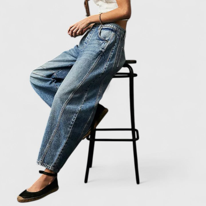 Women's High Waist Barrel Leg Jeans | Curved Leg Denim, Knee Dart Detail | Sizes S to XL | 6 Washes Including Black and Beige