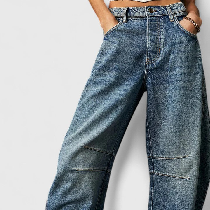 Women's High Waist Barrel Leg Jeans | Curved Leg Denim, Knee Dart Detail | Sizes S to XL | 6 Washes Including Black and Beige