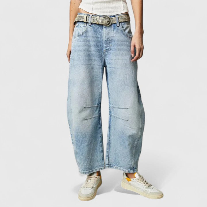 Women's High Waist Barrel Leg Jeans | Curved Leg Denim, Knee Dart Detail | Sizes S to XL | 6 Washes Including Black and Beige