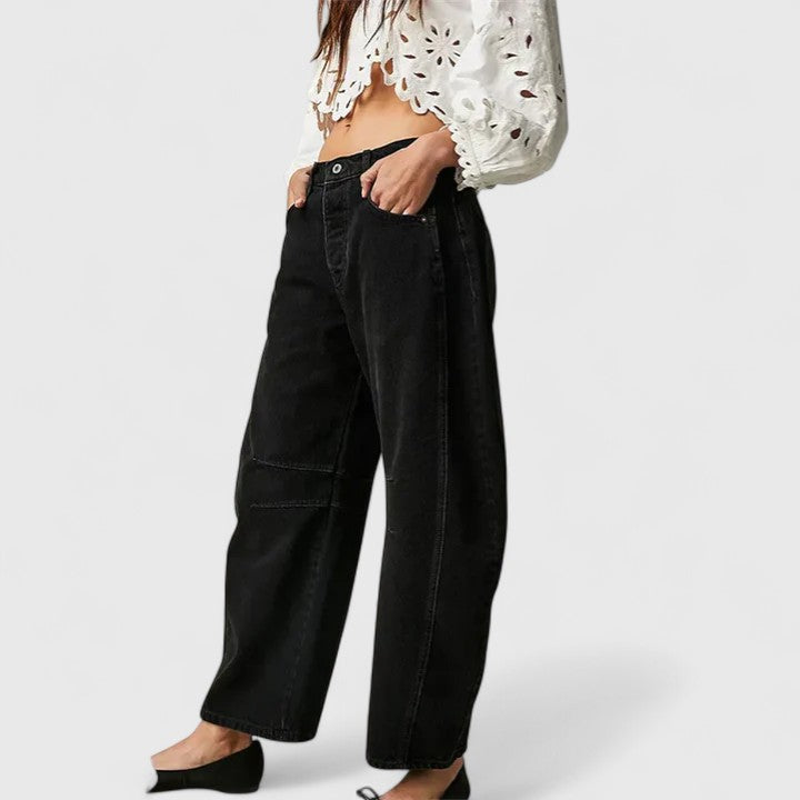 Women's High Waist Barrel Leg Jeans | Curved Leg Denim, Knee Dart Detail | Sizes S to XL | 6 Washes Including Black and Beige