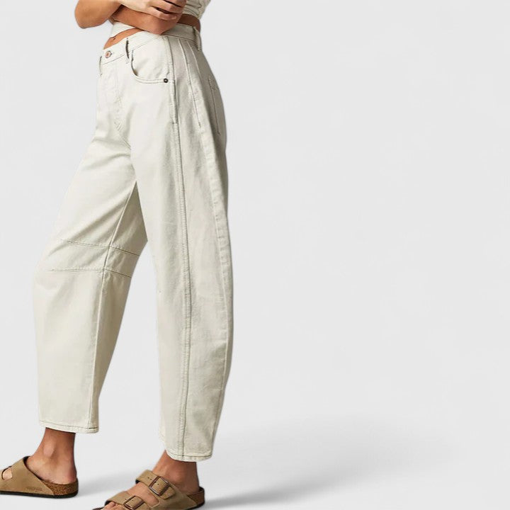 Women's High Waist Barrel Leg Jeans | Curved Leg Denim, Knee Dart Detail | Sizes S to XL | 6 Washes Including Black and Beige