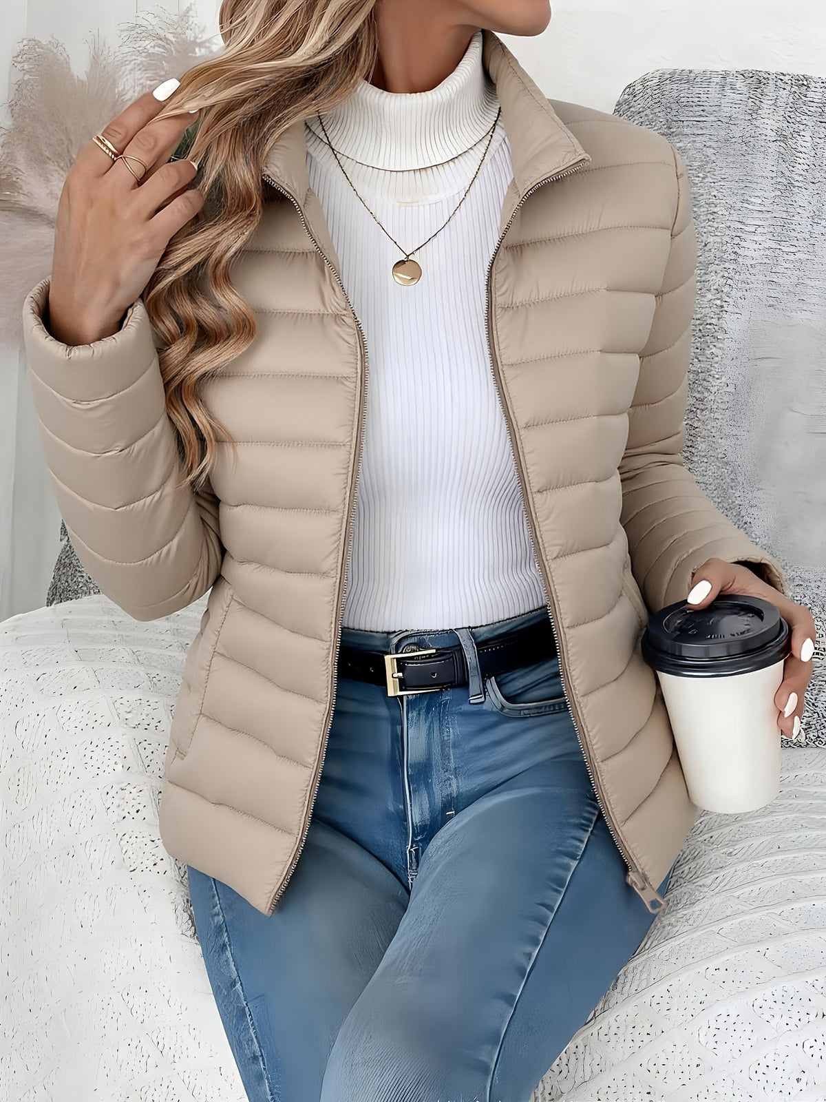 Women's Puffer Jacket with Down Filling and Fitted Cut | Knit, Zip Closure | For Winter | Size L-2XL | Matcha, Black, Khaki, Mint