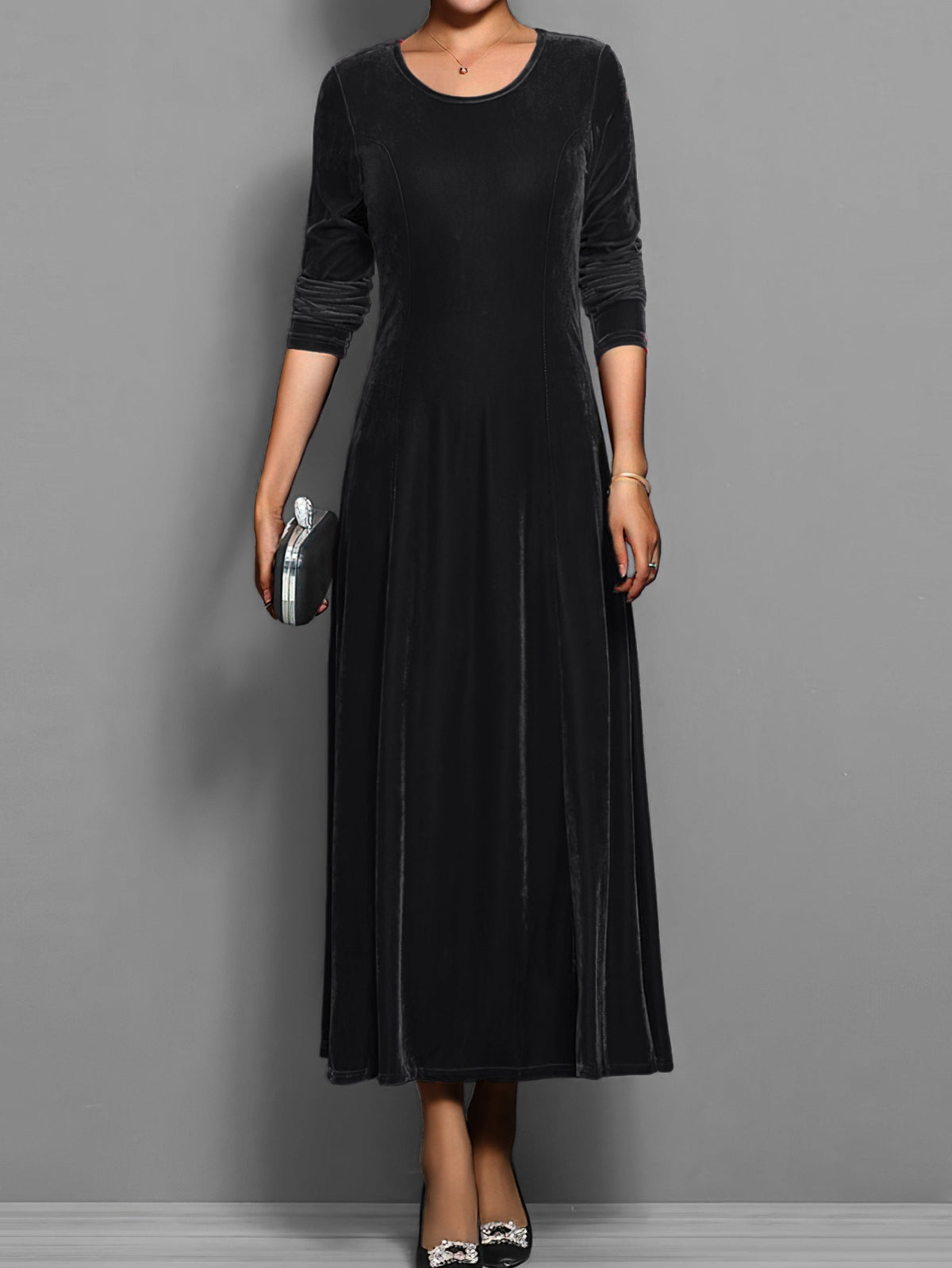 Women's Velvet Long Dress | Scoop Neck A-Line with Fitted Bodice | Sizes S to XL | 5 Colors for Holiday Evenings