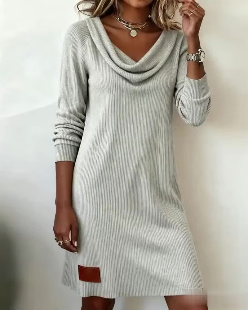 Women's Ribbed Sweater Dress with Draped Cowl Neck | Long Sleeves, Straight Cut, Above the Knee | Sizes S-2XL, 3 Colors