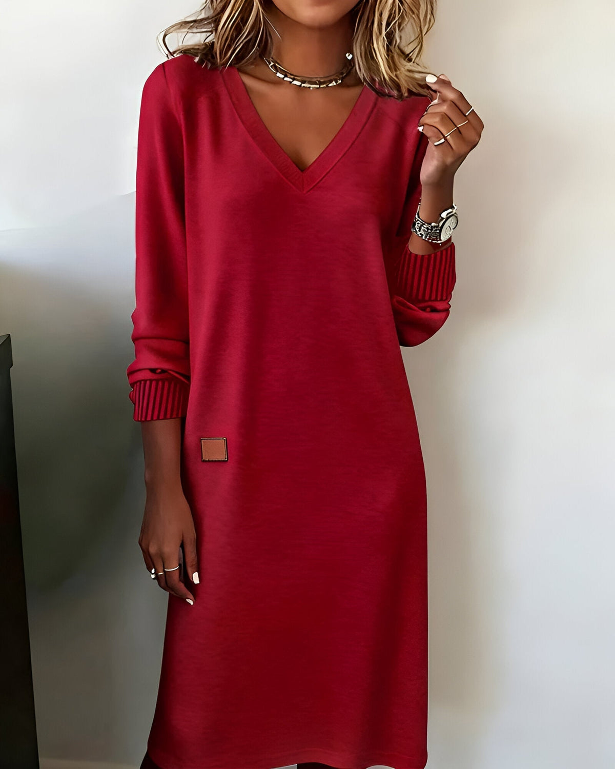 Women's V Neck Sweater Dress with Ribbed Cuffs | Relaxed Knit, Short Length, Long Sleeves | Sizes S-3XL, 3 Colors