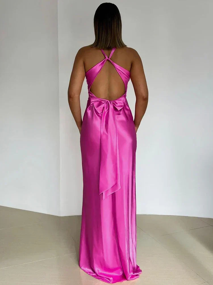 Women's Satin Halter Neck Maxi Dress | Sleek Evening Line for Galas and Weddings | Sizes S to L, 4 Colors