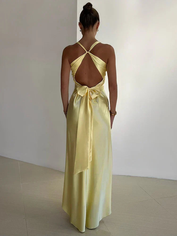 Women's Satin Halter Neck Maxi Dress | Sleek Evening Line for Galas and Weddings | Sizes S to L, 4 Colors
