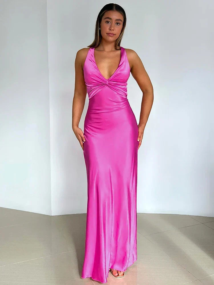 Women's Satin Halter Neck Maxi Dress | Sleek Evening Line for Galas and Weddings | Sizes S to L, 4 Colors