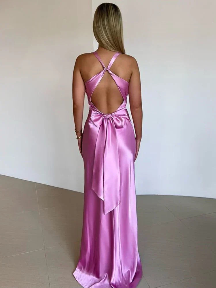 Women's Satin Halter Neck Maxi Dress | Sleek Evening Line for Galas and Weddings | Sizes S to L, 4 Colors