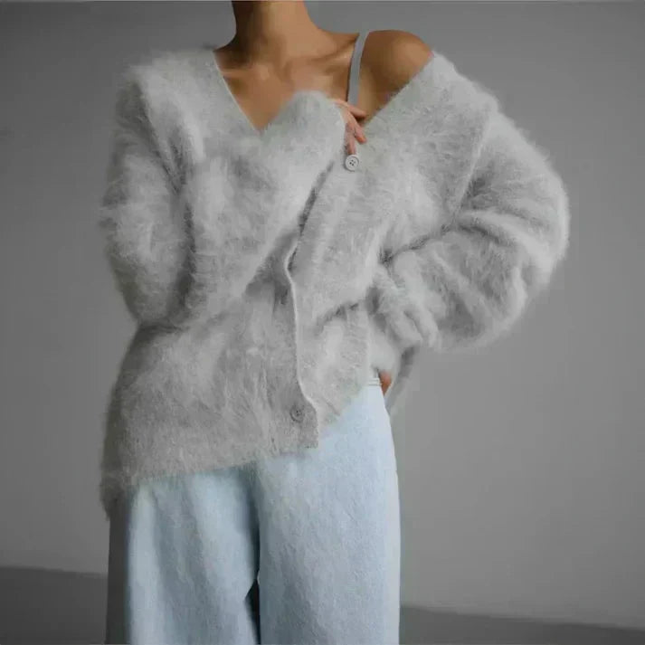 Women's Oversized Fuzzy Cardigan | Deep V-Neck, Button Front, Soft Knit Texture, Drapes Easily | 4 Colors