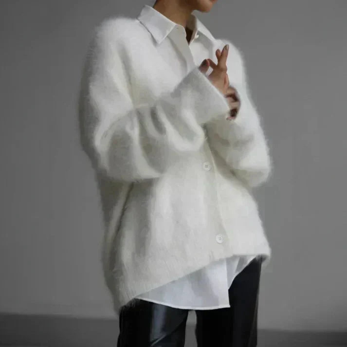Women's Oversized Fuzzy Cardigan | Deep V-Neck, Button Front, Soft Knit Texture, Drapes Easily | 4 Colors
