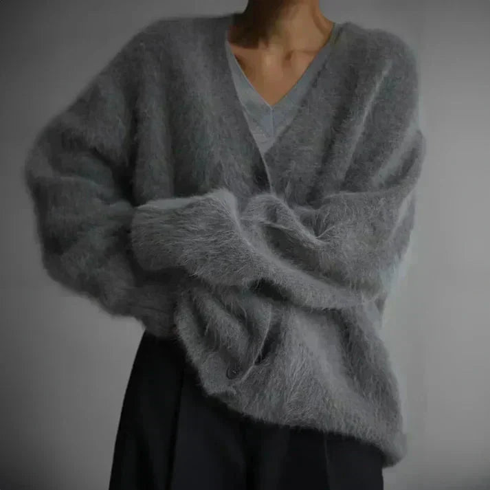 Women's Oversized Fuzzy Cardigan | Deep V-Neck, Button Front, Soft Knit Texture, Drapes Easily | 4 Colors