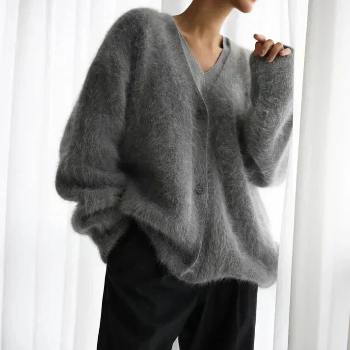 Women's Oversized Fuzzy Cardigan | Deep V-Neck, Button Front, Soft Knit Texture, Drapes Easily | 4 Colors